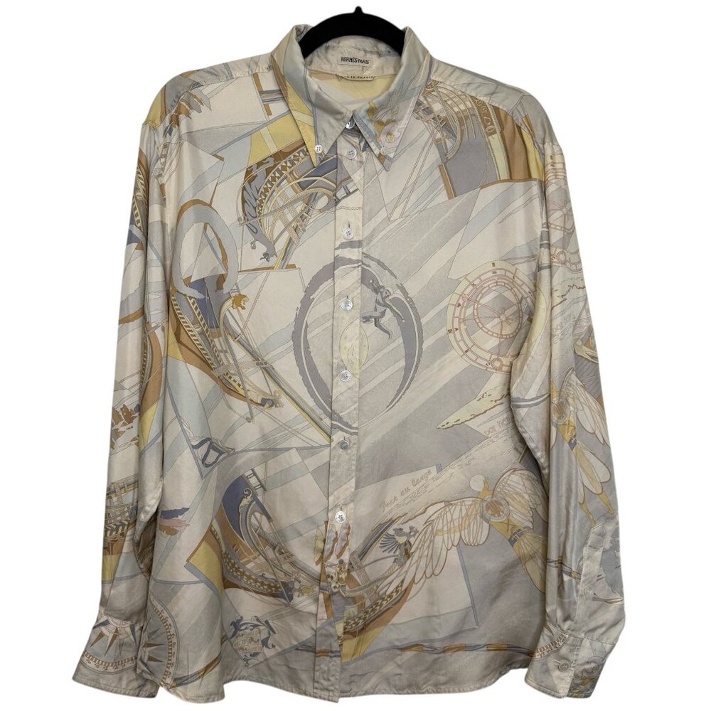 HERMES Vintage Face au Large Margiela Blue Ivory Silk Blouse FR48 Women XL 16 18